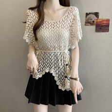 批发实拍<b class='q'>大码</b> 短袖针织衫女2026夏季新款钩花镂空宽松罩衫上衣配腰带