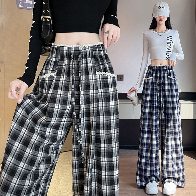 FA35582# 蕾丝花边格子阔腿裤女秋季新款慵懒风高腰宽松直筒拖地裤 服裝批發女裝批發服飾貨源