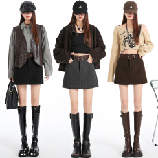 批发实拍 咖色毛呢<b class='q'>半身裙</b>女2025秋冬新款防走光高腰显瘦a字包臀短裙