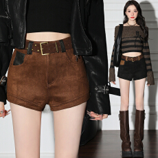 批发实拍 pu皮<b class='q'>拼接</b>鹿皮绒短裤女2025秋冬甜酷辣妹高腰修身a字打底靴裤