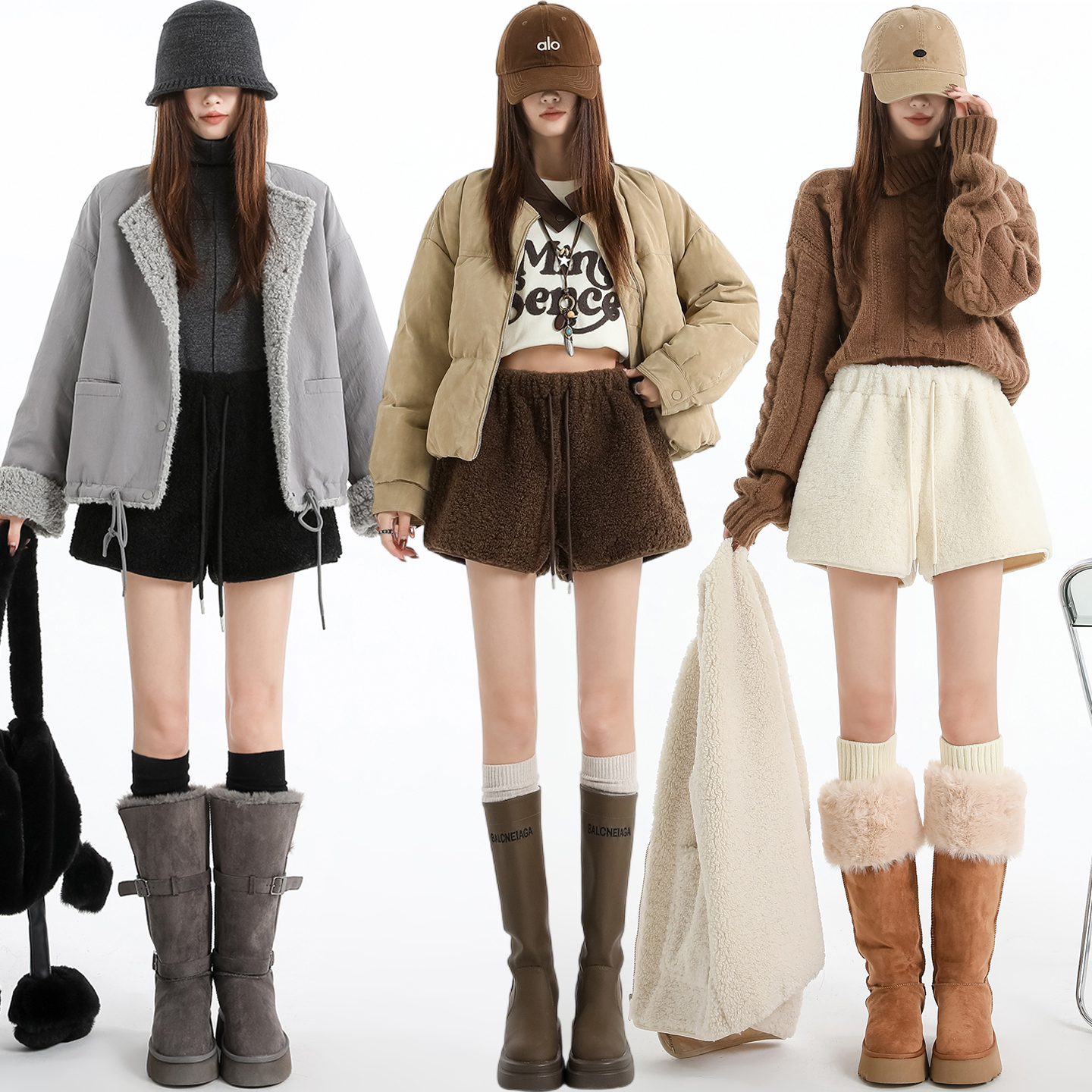 实拍 羊羔绒短裤女2025冬季高腰显瘦外穿小个子a字休闲阔腿裤靴裤