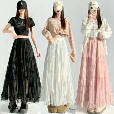 批发实拍 网纱拼接褶皱<b class='q'>半身</b>裙女2026春季新款高腰垂感甜美a字大摆伞裙