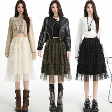 批发实拍 木耳边拼接蓬蓬网纱<b class='q'>半身</b>裙女2026春季高腰a字中长款蛋糕裙