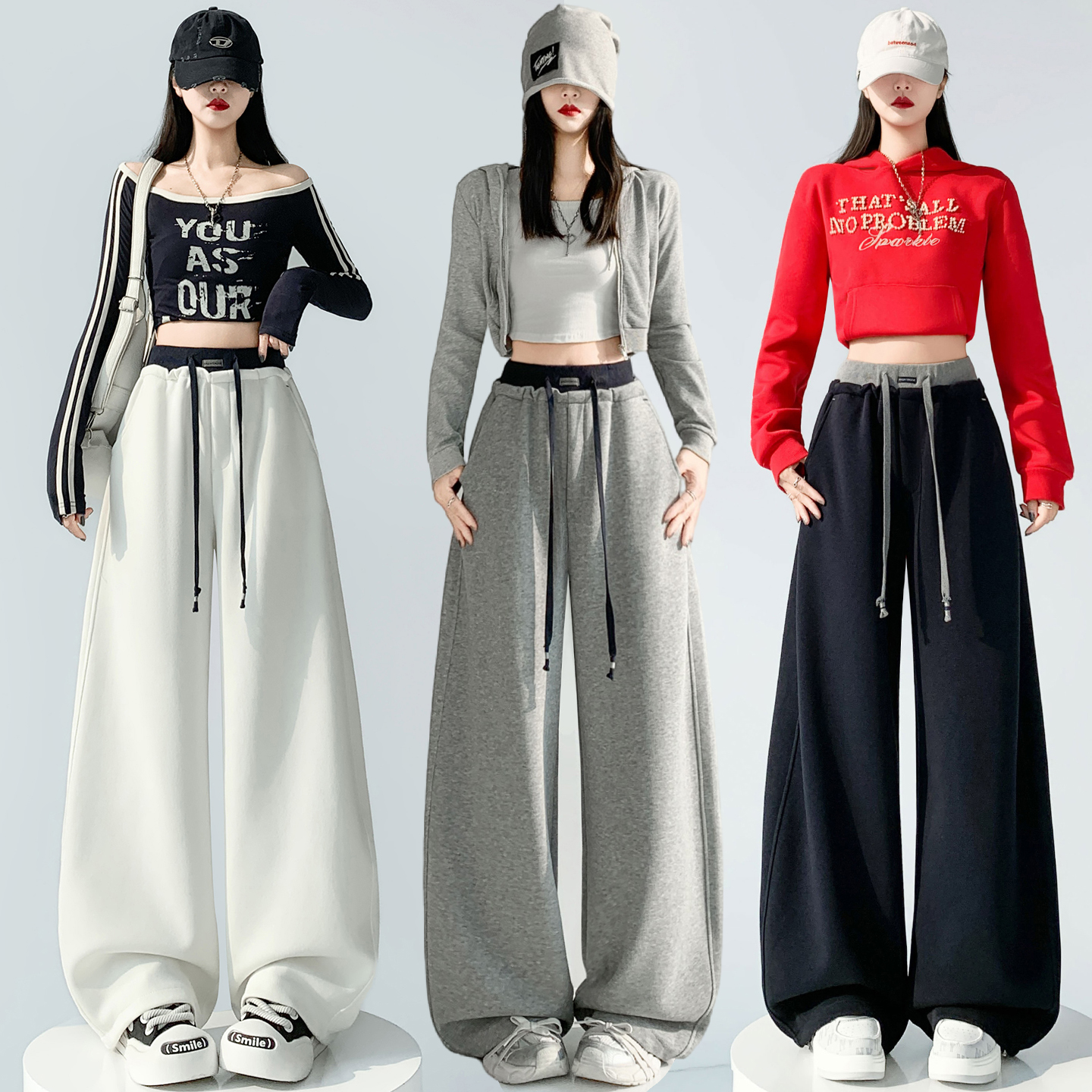 实拍美式弯刀运动裤女2026春季新款拼接高腰直筒宽松休闲阔腿卫裤