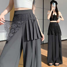 批发实拍 灰色蕾丝拼接屁帘西装阔腿裤<b class='q'>女</b>夏季高腰显瘦休闲直筒拖地裤