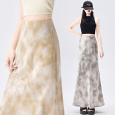 批发实拍 醋酸缎面扎染<b class='q'>半身</b>裙女2026夏季新款水墨画a字<b class='q'>包臀</b>鱼尾中<b class='q'>长裙</b>