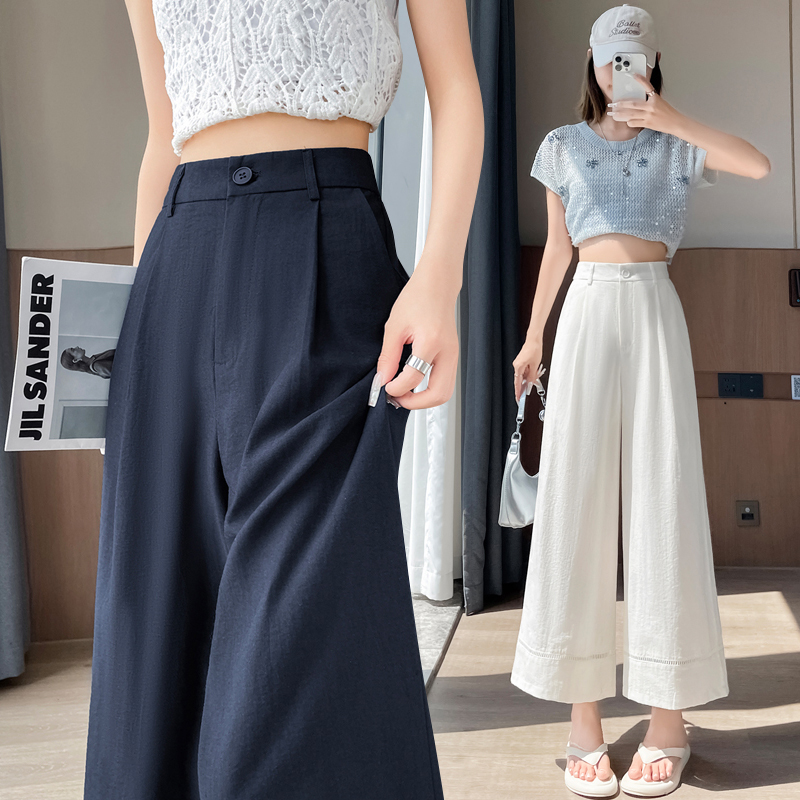 실사 얼음 실크 면 린넨 홀로우 아웃 와이드 레깅스 바지 2026 여름 하이웨이스트 슬림해 보이는 정장 캐주얼 9 포인트 스트레이트 팬츠