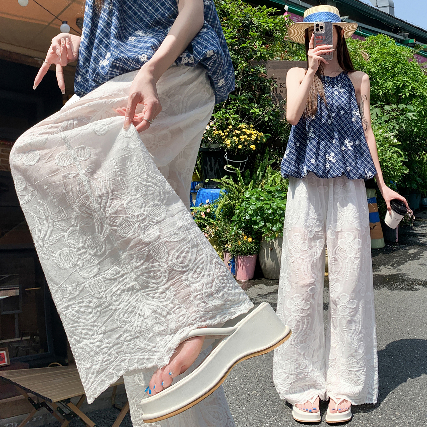 실사 화이트 홀로우 아웃 레이스 자카드 와이드 레깅스 바지 여름 하이웨이스트 슬림해 보이는 디자인 센스 자수 자수 와이드 레그 팬츠