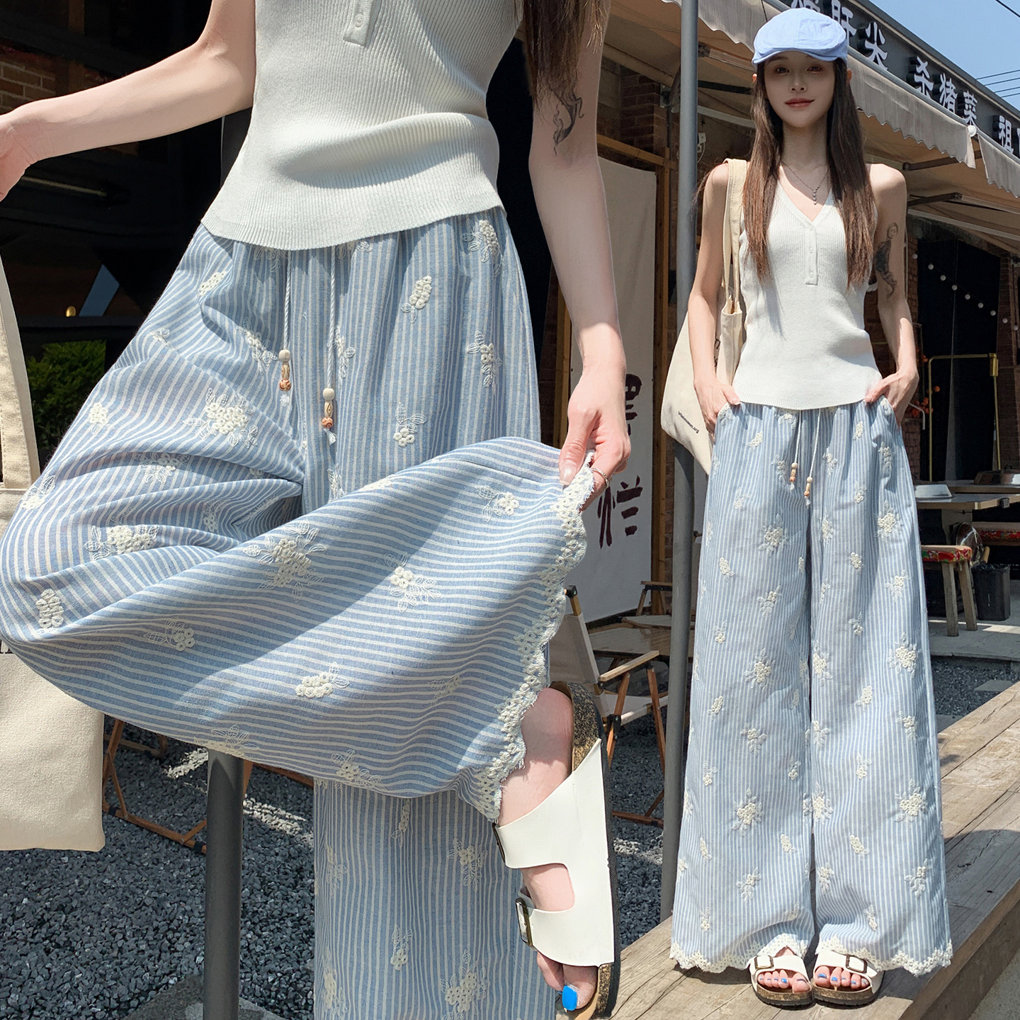 实拍蓝色条纹刺绣阔腿裤女夏季2026高腰设计感蕾丝拼接休闲直筒裤