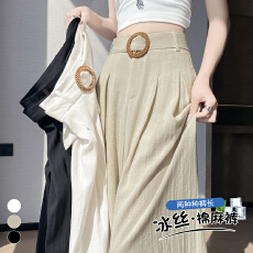 批发实拍冰丝亚麻<b class='q'>西装</b>阔腿裤女夏季高腰宽松慵懒风休闲棉麻直筒拖地裤
