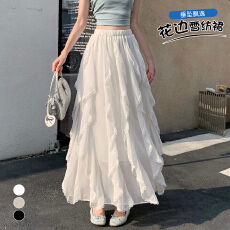 批发实拍 杏色荷叶边不规则蕾丝拼接雪纺半身裙女夏季高腰宽松a字长裙