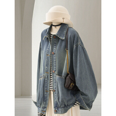 批发4U4U 蓝色<b class='q'>牛仔</b><b class='q'>外套女</b>秋季新款复古港风高级感超好看宽松翻领夹克