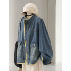 批发4U4U 毛边设计感<b class='q'>牛仔</b>短<b class='q'>外套女</b>秋季又酷又飒韩系复古宽松立领上衣