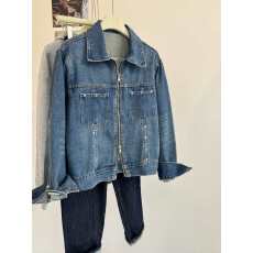 批发复古巴黎扣铆钉双拉链短款水洗蓝<b class='q'>牛仔</b><b class='q'>外套女</b>小个子春秋款夹克开衫