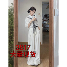 批发韩系条纹披肩<b class='q'>白色</b>衬衫阔脚裤套装女夏季休闲百搭学院风穿搭三件套