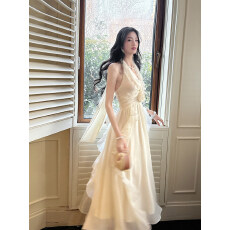 批发Good Job浪漫香榭法式挂脖花朵<b class='q'>连衣裙</b>度假仙女裙薄纱气质长裙