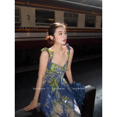 批发度假连衣<b class='q'>裙</b>女高端精致名媛气质生日宴会<b class='q'>礼服</b>重工褶皱法式印花长<b class='q'>裙</b>