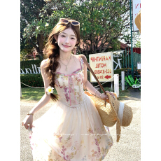 批发Acaine杏色长款方领收腰木耳边打揽吊带<b class='q'>连衣裙</b>女夏季法式吊带长裙