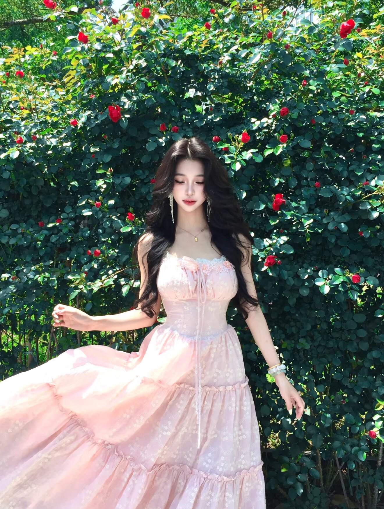 h2an1 studio 丨 맞춤 사쿠라 꽃가루 패치워크 꽃 슬립 드레스 프랑스식 민소매 휴가 롱 스커트