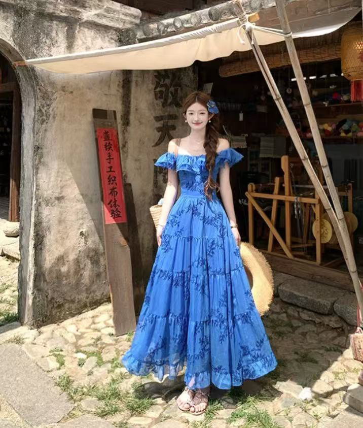 나일강 측면 휴가 품격 물결무늬 측면 자수 드레스