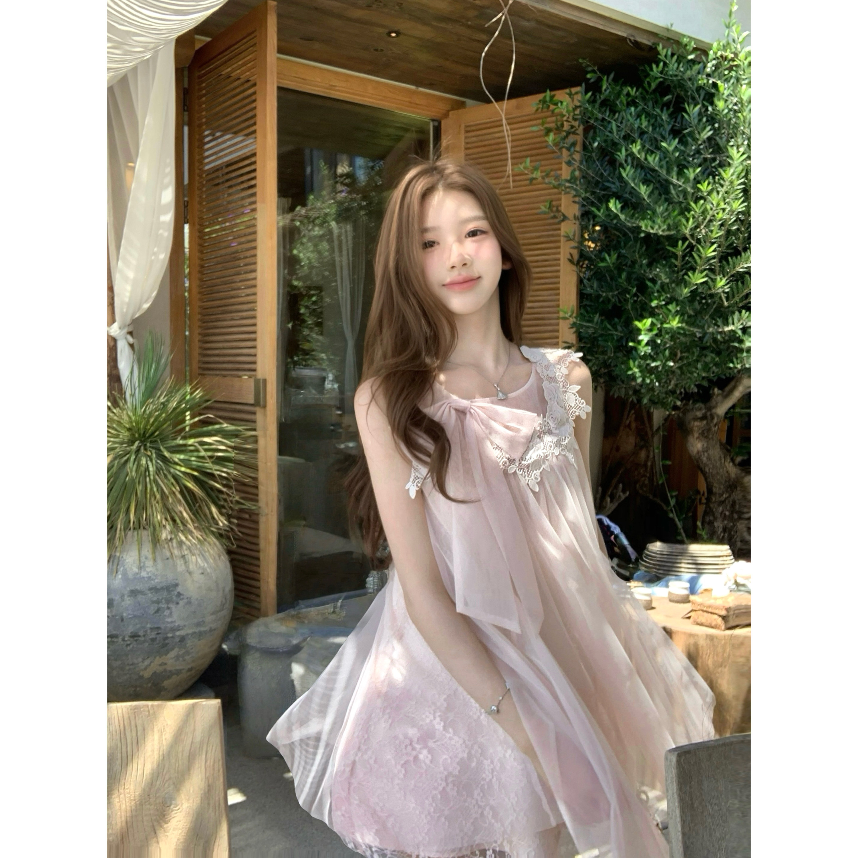 q 여자 집 5 24 구 아슈 꽃 섬 요정 가스 센스 3 차원 꽃 망사 레이스 나비 매듭 드레스