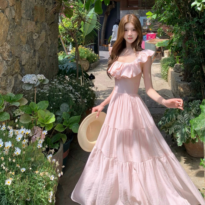 q 여자 집 5 27 얼음 양조 한 작은 열매 여름 차가운 센스 주간 실크 요금 예 페이 소매 오프숄더 몸매 가꾸기 큰 진자 롱 스커트