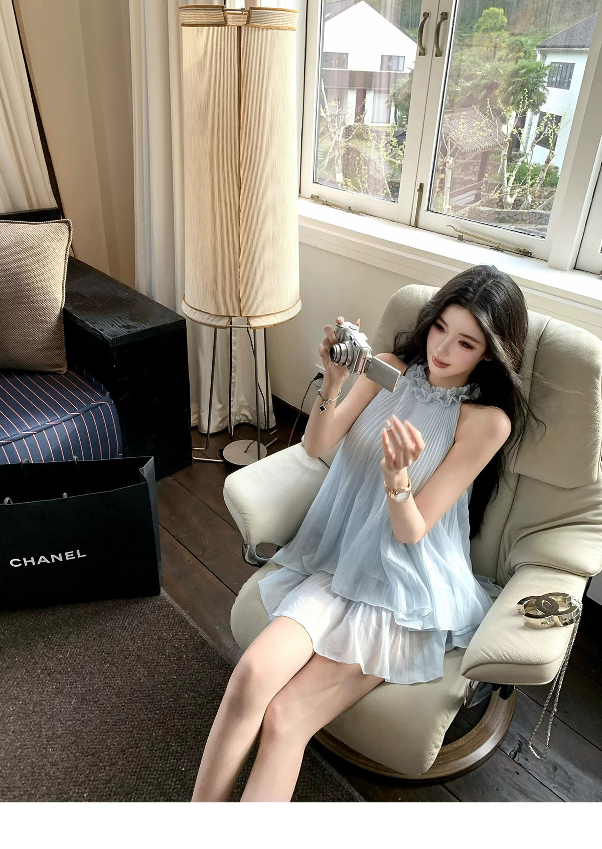 barb chill 바다 소금 Breeze 쉬폰 행침 목 맨위 민소매 플리츠 여성 셔츠 여름 여행 착용 가져 가라.