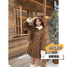 批发欧货羊羔毛翻领小香风套<b class='q'>装</b>裙女冬季羽绒内胆毛呢外套百褶裙两件套
