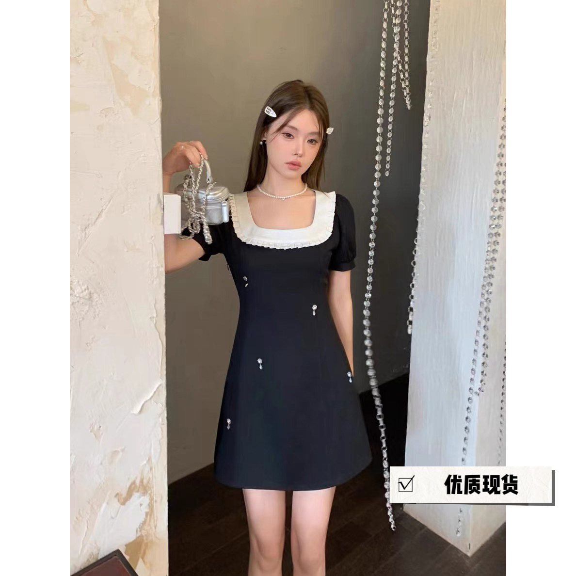 프랑스식 천 금빛 바람 광장 칼라 못 훈련 여성 드레스 새로운 미니 스커트 다용도 슬림해 보이는 그는 벤 바람 품격 작은 검은 드레스 여성
