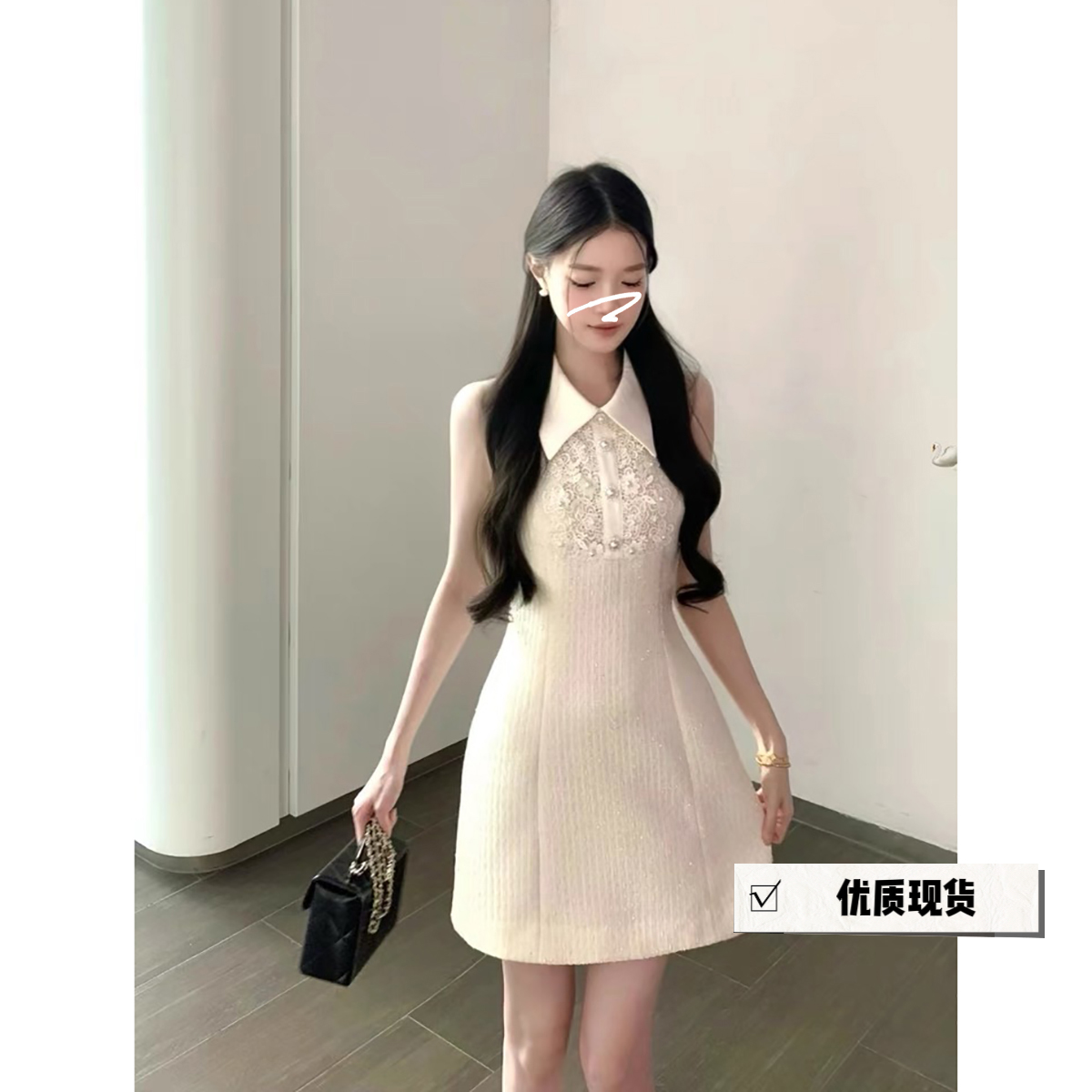 프랑스식 여성 드레스 명문 여성 천 금빛 바람 무거운 작업 진주 레이스 자수 허리 수축 한 마디 미니 스커트 민소매 조끼 스커트