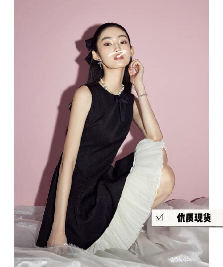 mandyzhang 천 금빛 바람 miu 부서 나비 매듭 검정색 민소매 여성 드레스 여름 허리 수축 조끼 미니 스커트