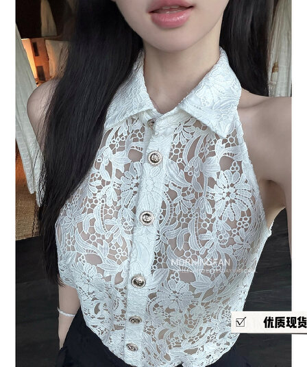 안녕하세요. 팬 팬 무례한 천 골드 우아함 무거운 작업 절묘한 센스 샤오시엔 3 차원 물 용해 레이스 여성 민소매 셔츠