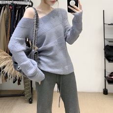 淡颜天菜 韩系斜肩毛衣