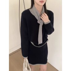 批发已出货 气质韩女同款休闲撞色极简毛衣+半身短裙两件套女配领带