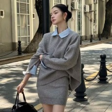 批发松弛感针织套装女秋季新款韩版简约假两件衬衫显瘦A字短裙两件套