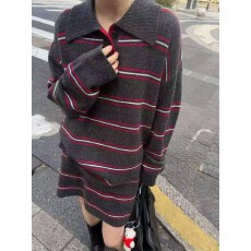 批发韩系复古条纹POLO领毛衣2025年秋冬大码女装宽松慵懒老钱风针织衫
