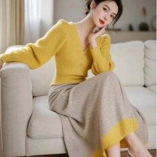 批发2025新款休闲套装女装春秋季职业V领长袖针织上衣半身裙两件套装
