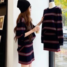 批发秋装搭配一整套大码胖mm韩系高级感条纹针织上衣半身裙巨好看套装