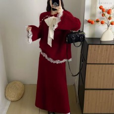 批发新品大码女装秋冬新款慵懒风钉珠蝴蝶结<b class='q'>蕾丝</b>拼接99