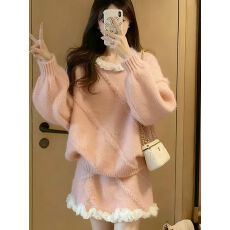 批发小个子粉色针织套装女新款初冬穿搭显瘦一整套上衣半身裙两件