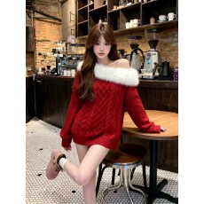 一字肩毛领绞花蓝色长袖套头毛衣女秋冬软糯针织衫氛围感休闲上衣