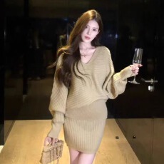 批发慵懒风V领针织上衣修身包臀半身裙套装女秋冬气质<b class='q'>通勤</b>穿搭一整套