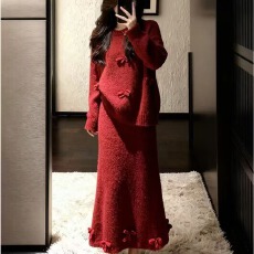 批发气质针织毛衣红色<b class='q'>连衣裙</b>子女秋冬季圣诞穿搭一整套装内搭打底长裙