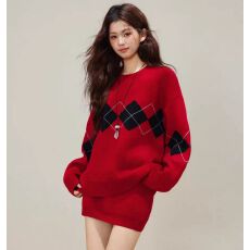 批发菱格<b class='q'>宽松</b>显瘦针织毛衣套装女2025新款冬季高级感穿搭半身裙两件套