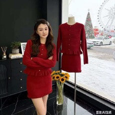 批发韩系荷叶边毛衣开衫外套女<b class='q'>秋</b>冬两件套高腰花边半身短裙