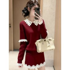批发慵懒风毛衣套装女2025新款秋冬穿搭<b class='q'>蕾丝</b>花边针织<b class='q'>上衣</b>半身裙两件套