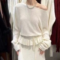 批发法式慵懒斜领露肩收腰绑带<b class='q'>荷叶边</b>针织衫女秋冬宽松加厚<b class='q'>毛衣</b>