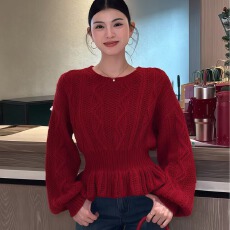 批发法式慵懒斜领露肩收腰绑带<b class='q'>荷叶边</b>针织衫女秋冬宽松加厚<b class='q'>毛衣</b>