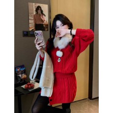 批发百搭慵懒麻花纹长袖毛衣+韩系高腰显瘦休闲半身裙两件套女冬季