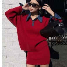 批发学院风极简风<b class='q'>时尚</b>套装秋冬高领翻领拼接牛仔领韩版<b class='q'>时尚</b>短裙两件套